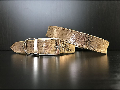 Beige with Silver Glitter - Leather Dog Collar - Size L